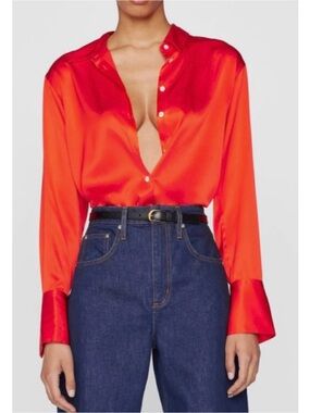 NWT💕FRAME The Standard Women's Stretch Silk Button-Up Shirt in Bright Red